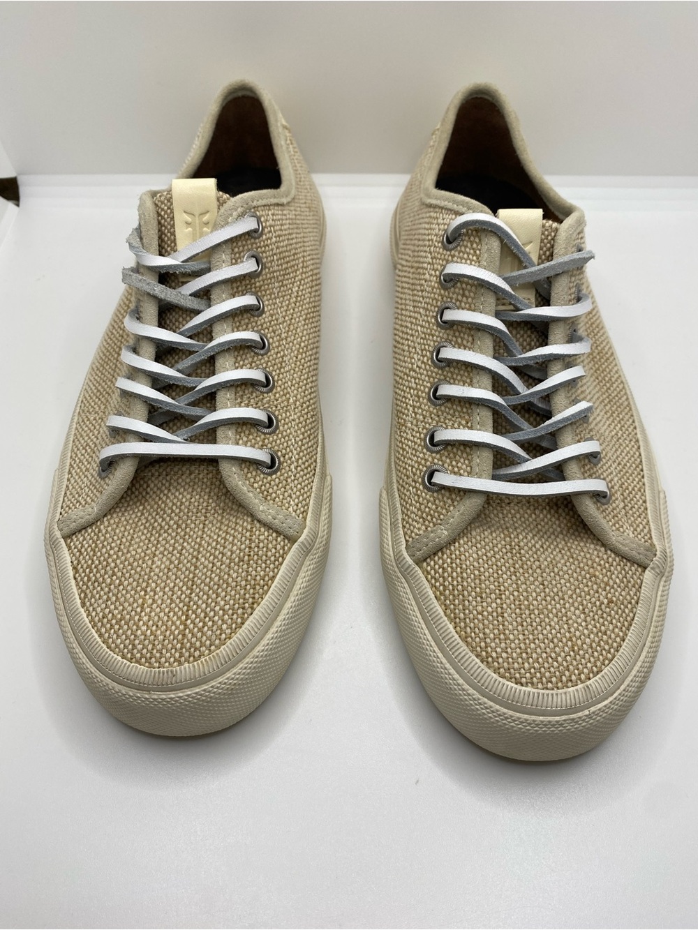 FRYE Brett Beige Low Top Sneakers Men’s 8 Lace Up Woven Canvas Quiet Luxury Chic
